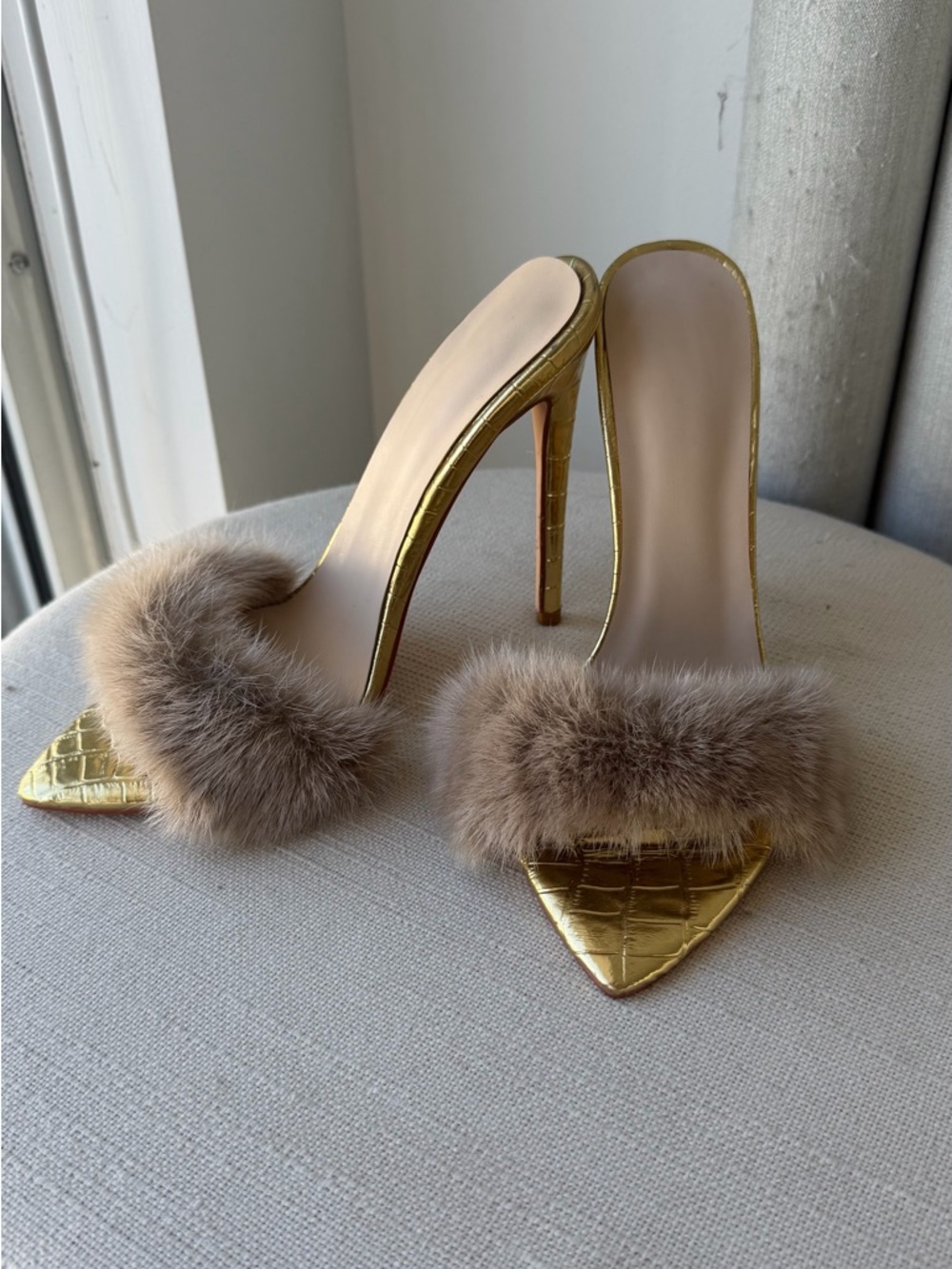 Gold Stiletto Mule with Taupe Fur Trim - Women's Luxury Slide - Picture 3 of 13